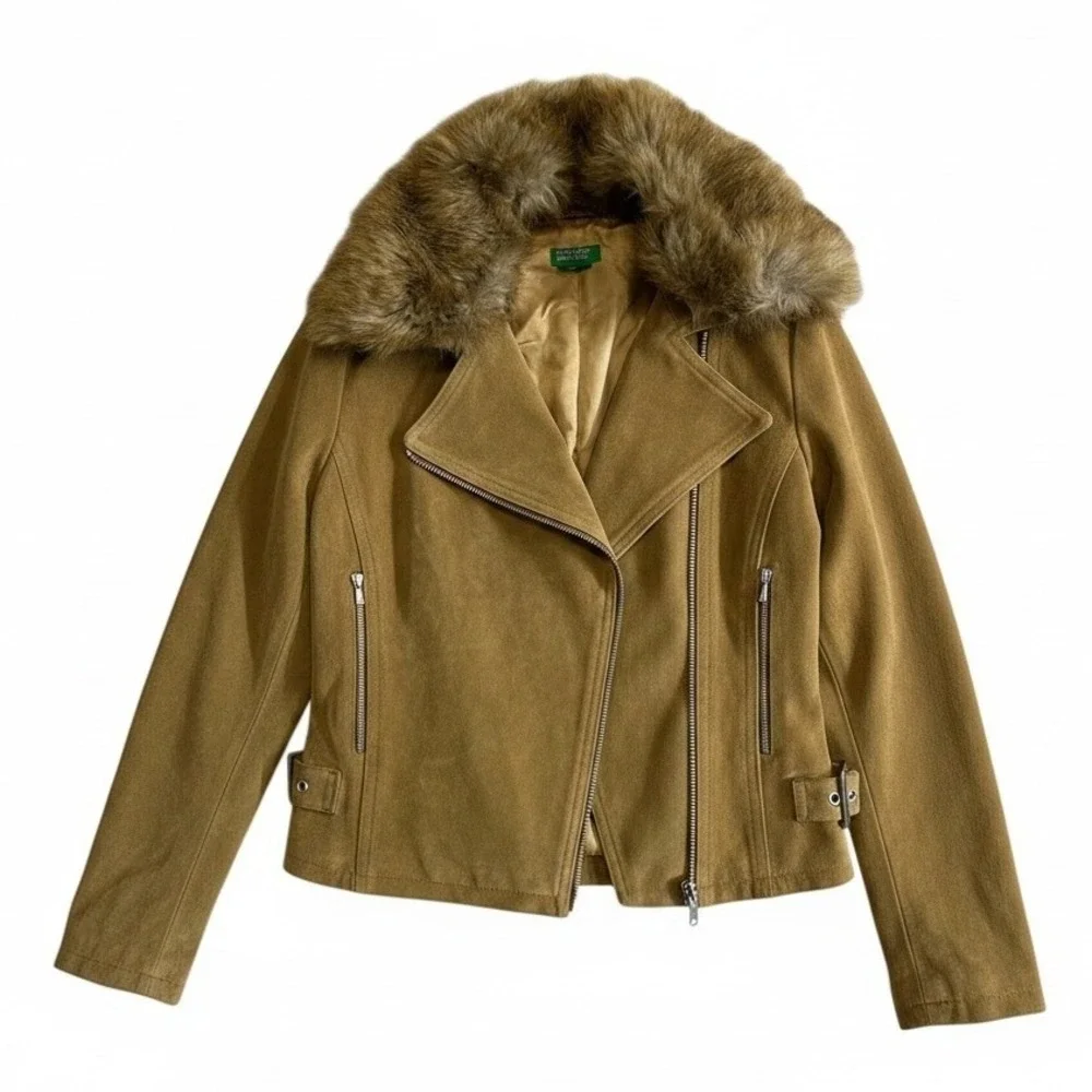 United Colors of Benetton Y2K European Suede Moto Jacket Faux Fur Collar Women38